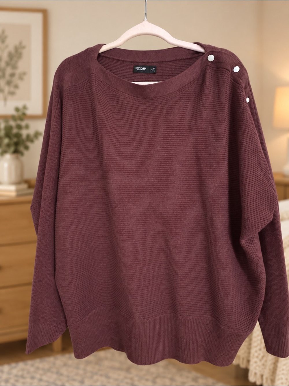 Simply Vera Vera Wang Ribbed Button-Shoulder Pullover - Burgundy